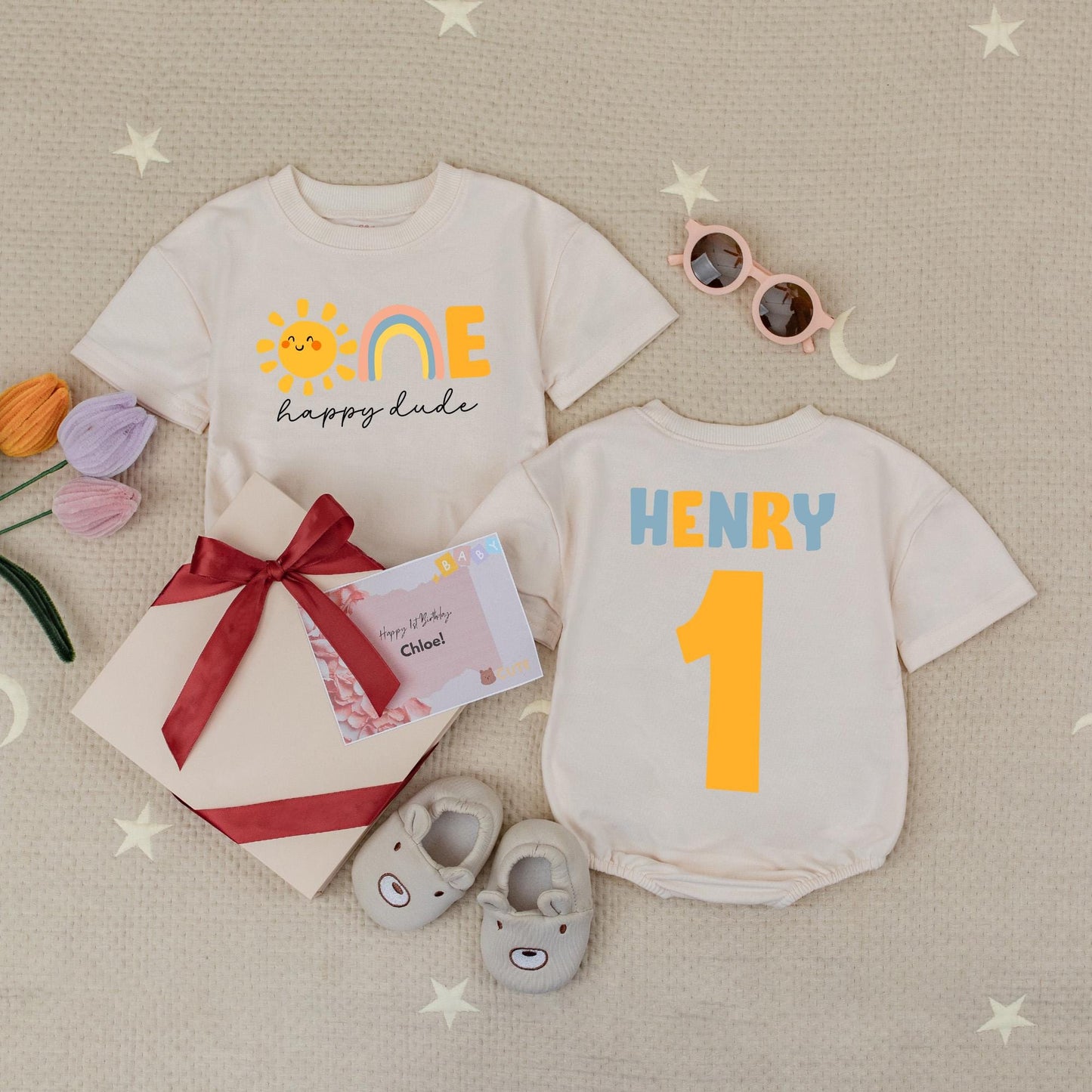 Custom One Happy Dude Sun Baby Romper 1st Birthday Outfit Boy, Sun Birthday Bodysuit, One Cool Dude Baby Clothes