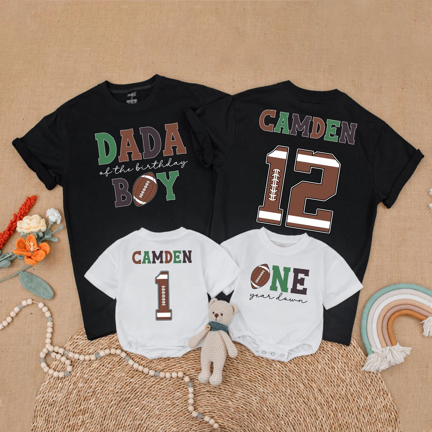 Football First Birthday Matching Family Shirts, Custom Name Number One Year Old Outfit, Birthday Boy Romper, First Birthday Party Gift, Sports Theme (138 chars)