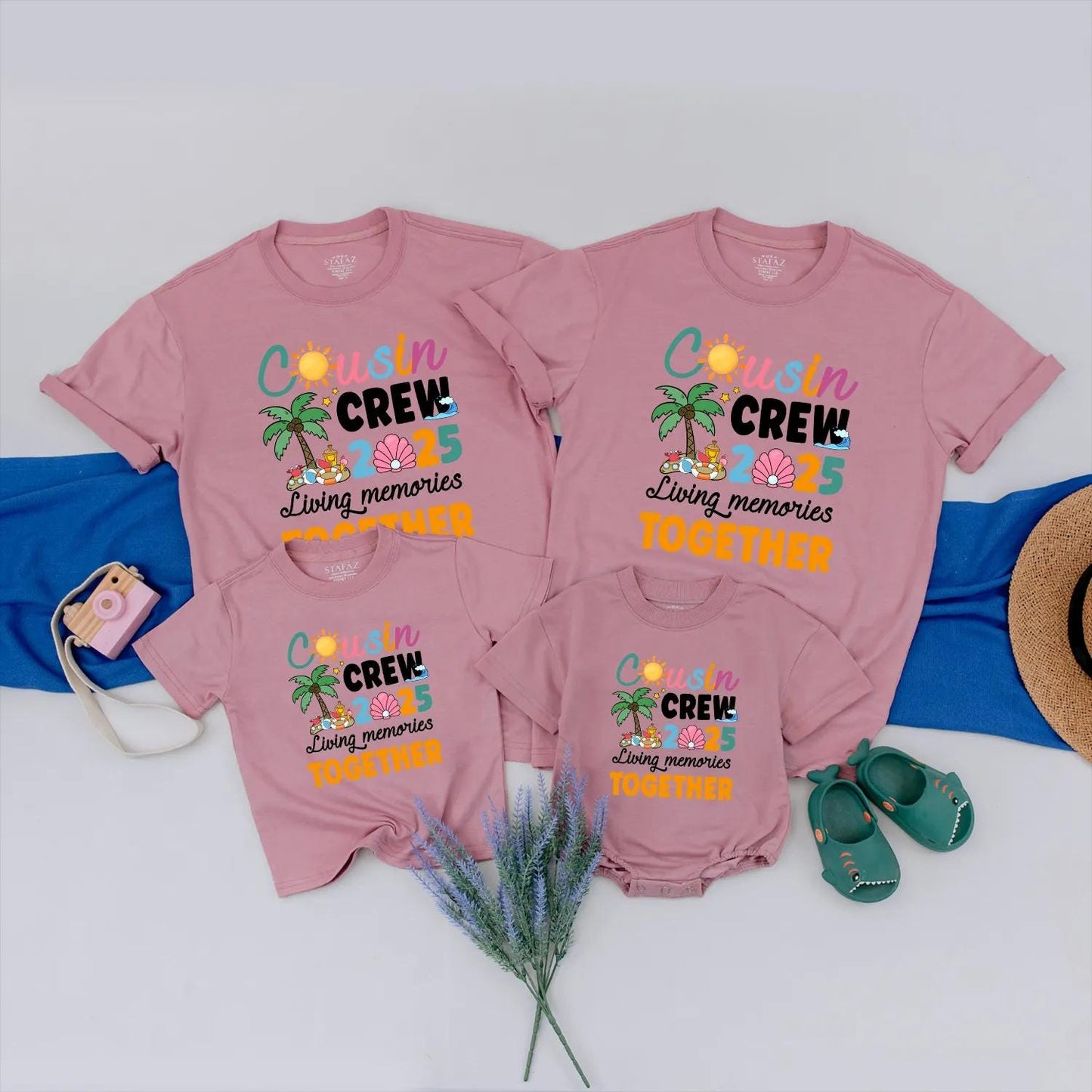Cousin Crew 2025 Matching Family Vacation Shirts, Living Memories Together Tee, Fun Beach Trip Tops, Summer Reunion Outfit, Peach Seashell Design