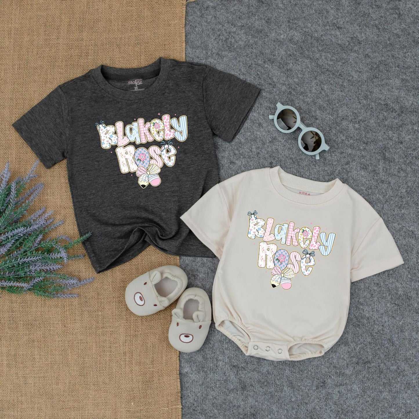 Preppy Floral Back to School Outfit for Toddler Girls Custom Name Shirt Romper First Day of School Personalized Gift with Cute Bow Design