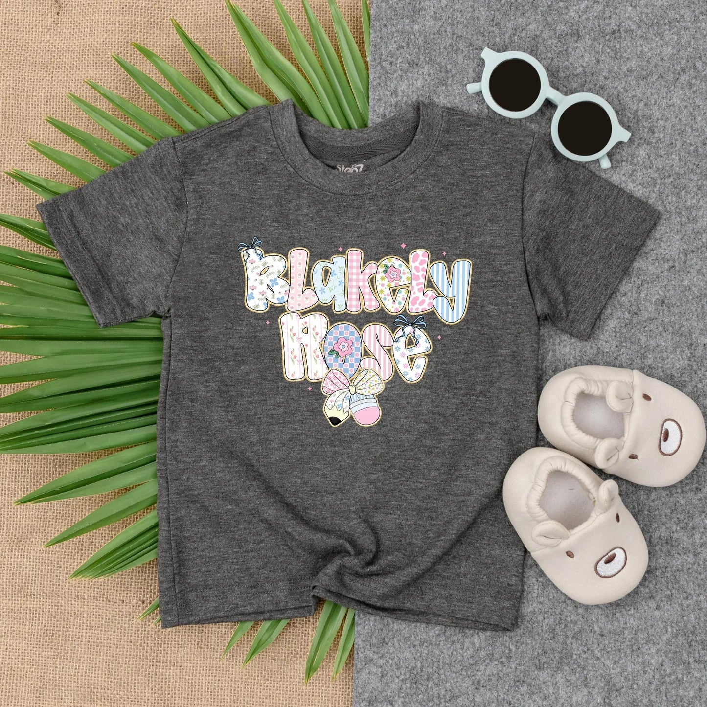 Preppy Floral Back to School Outfit for Toddler Girls Custom Name Shirt Romper First Day of School Personalized Gift with Cute Bow Design