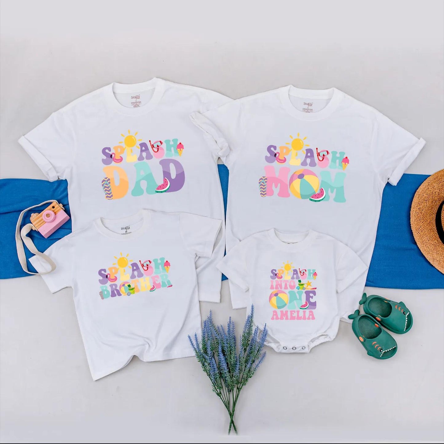 Splash into ONE Birthday Matching Family Shirts Custom Summer Pool Party Outfit Personalized Tropical Vacation Clothes Baby Girl Gift