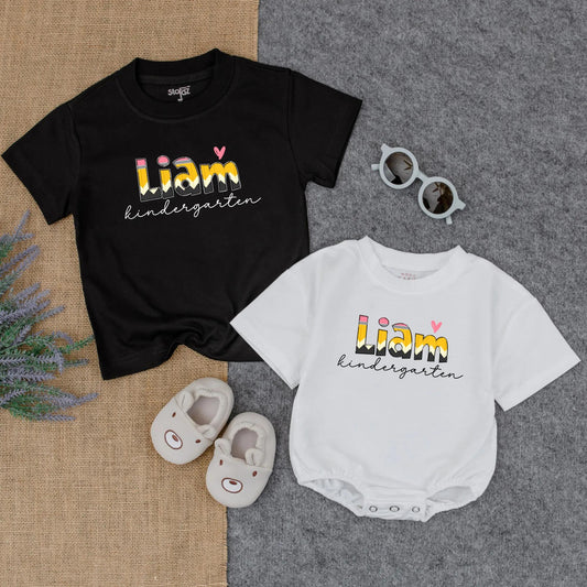 Custom Pencil Doodle Name Romper First Day of School Outfit Baby Toddler Boy Girl Back to School Shirt