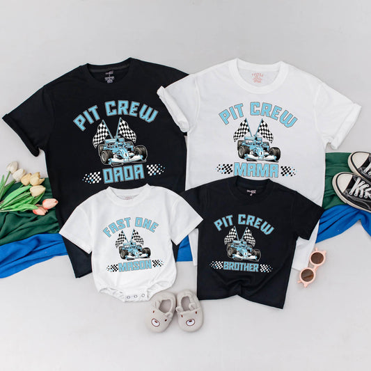 Fast One Birthday Pit Crew Family Matching T-Shirts Custom Race Car 1st Birthday Boy Outfit Mom Dad Baby Racer Apparel