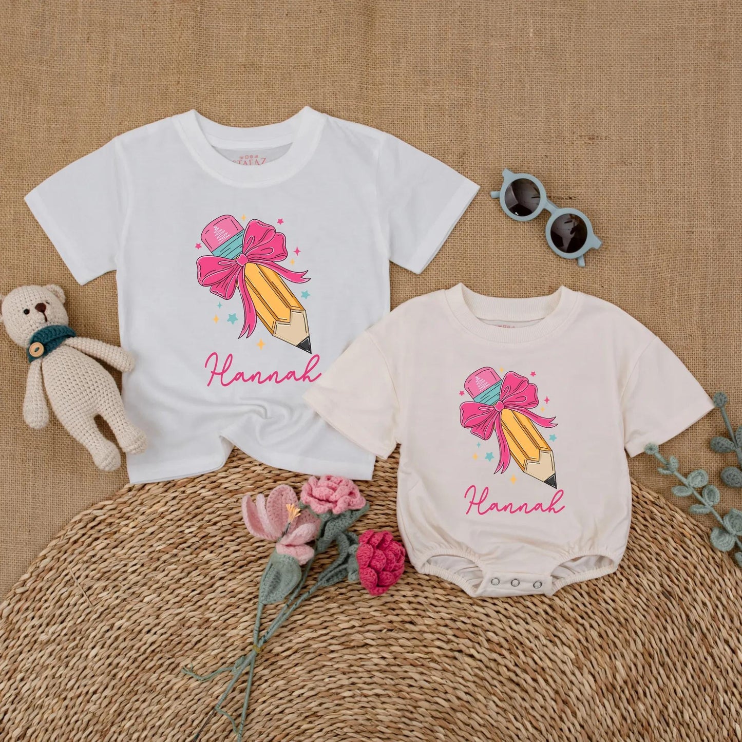 Personalized Pencil Bow Baby Romper Custom Name Back To School First Day Preschool Girl Toddler Gift