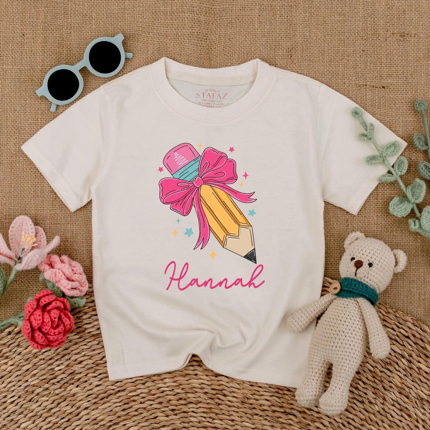 Personalized Pencil Bow Baby Romper Custom Name Back To School First Day Preschool Girl Toddler Gift