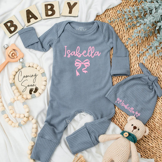 Custom Baby Girl Bodysuit with Name, Pink Bow Romper Newborn Gift, Baby Shower Outfit, Coming Home Clothes