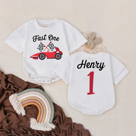 Personalized Fast One Race Car Birthday Romper Outfit for Baby Boy Girl Toddler First Birthday Smash Cake Racing Theme Baby Clothes Comfortable Cotton Gift