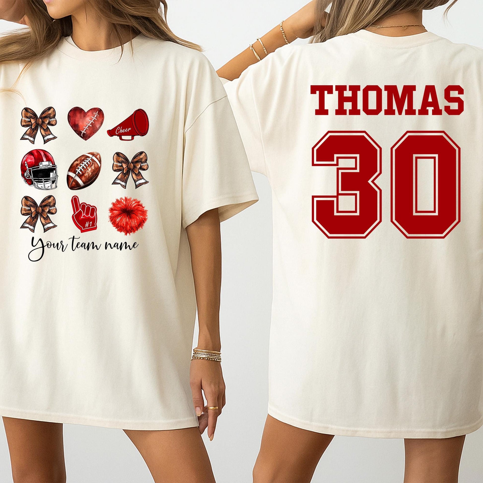 Custom Team Name Football Bow Shirt Cheer Mom School Mascot Coquette Style Game Day Apparel for Cheerleaders and Supportive Fans