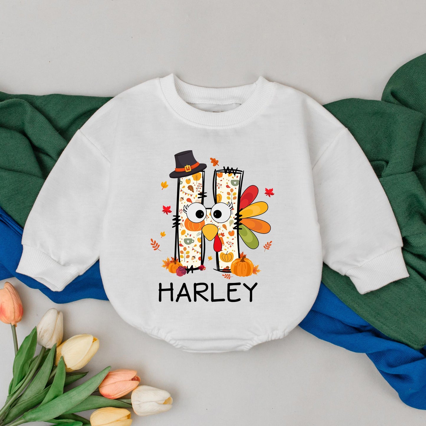 Personalized Thanksgiving Baby Romper Turkey Outfit First Fall Baby Gift, Baby Shower Bodysuit Announcement, Little Turkey