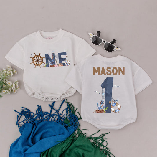 Nautical First Birthday Romper Sailing Into One Baby Boy Outfit Ocean Theme Sailor Bodysuit Custom Name Gift Idea