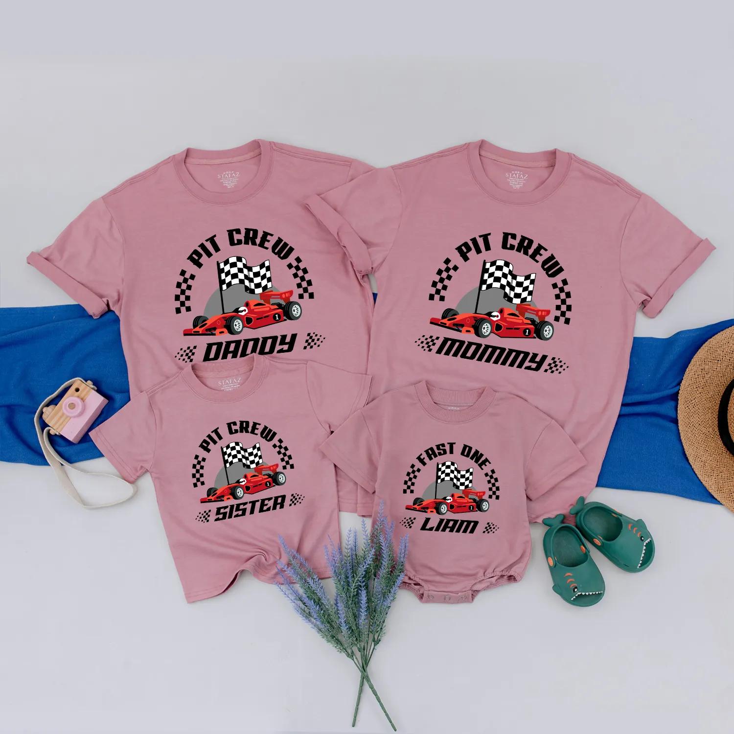 Personalized Pit Crew Race Car Family Matching Shirts & Fast One Baby Romper Cartoon Red Car Playful 1st Birthday Gift for Boy