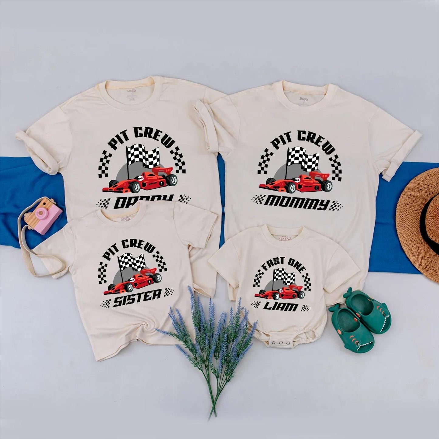 Personalized Pit Crew Race Car Family Matching Shirts & Fast One Baby Romper Cartoon Red Car Playful 1st Birthday Gift for Boy