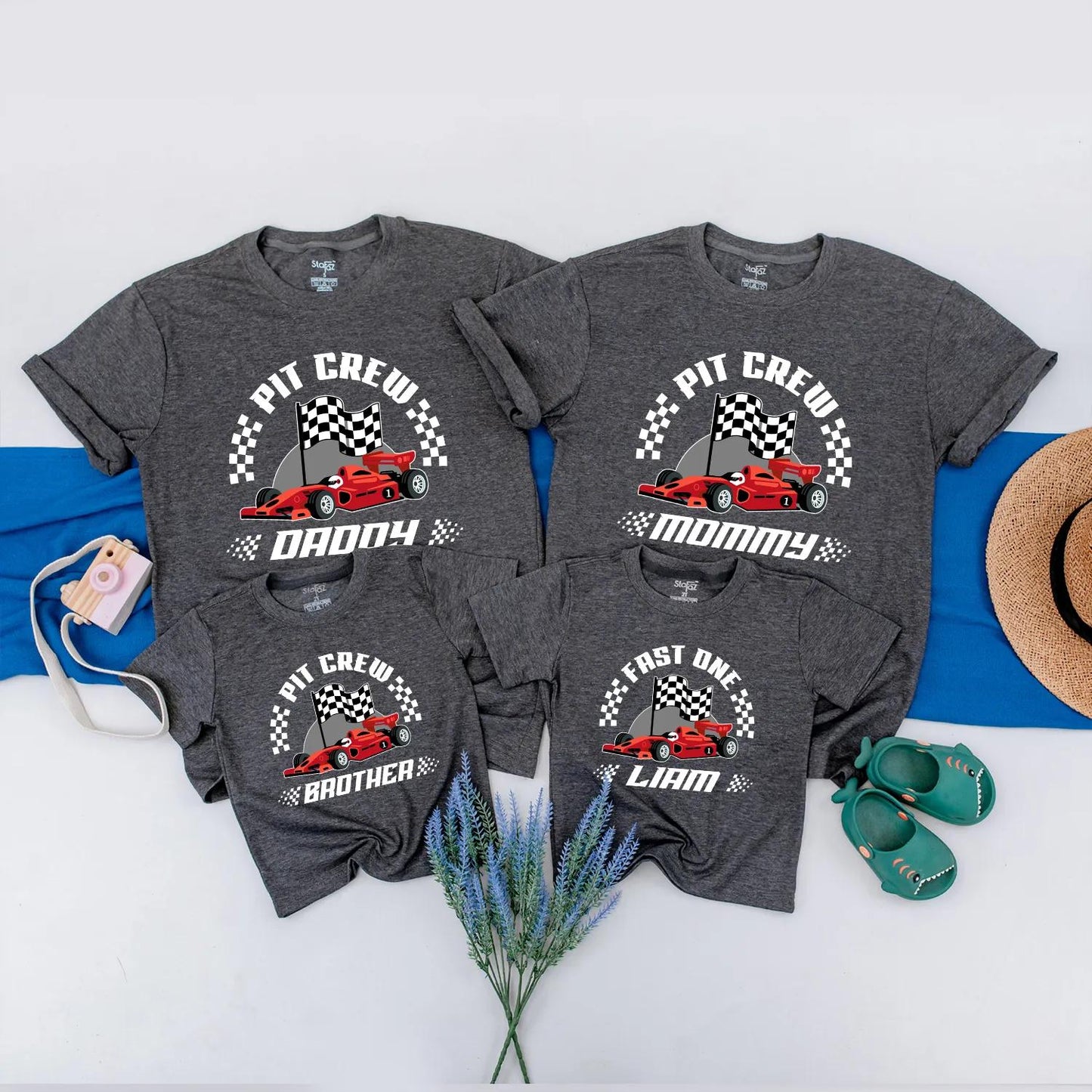 Personalized Pit Crew Race Car Family Matching Shirts & Fast One Baby Romper Cartoon Red Car Playful 1st Birthday Gift for Boy