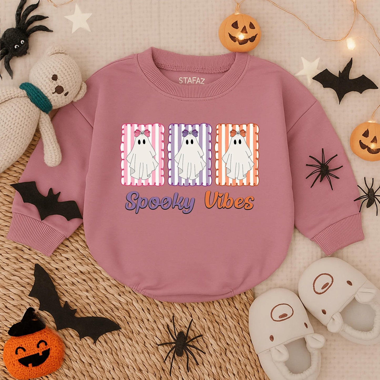 Spooky Vibes Baby Girl's First Halloween Romper Outfit: 1st Halloween Bubble Romper, Infant Girl Fall Bodysuit