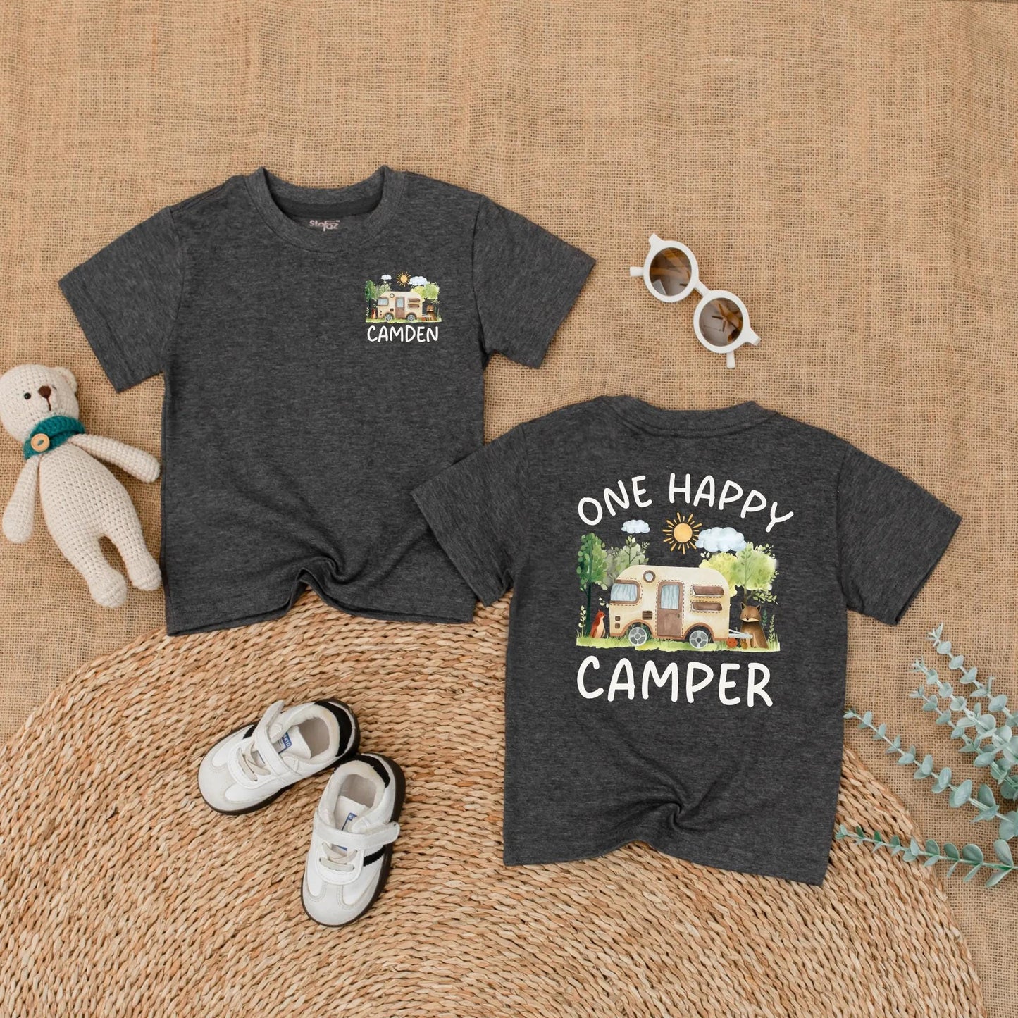 Personalized One Happy Camper Baby Boy Romper with Custom Name for First Birthday Bodysuit Adventure Camping Theme Soft Comfortable Summer Celebration