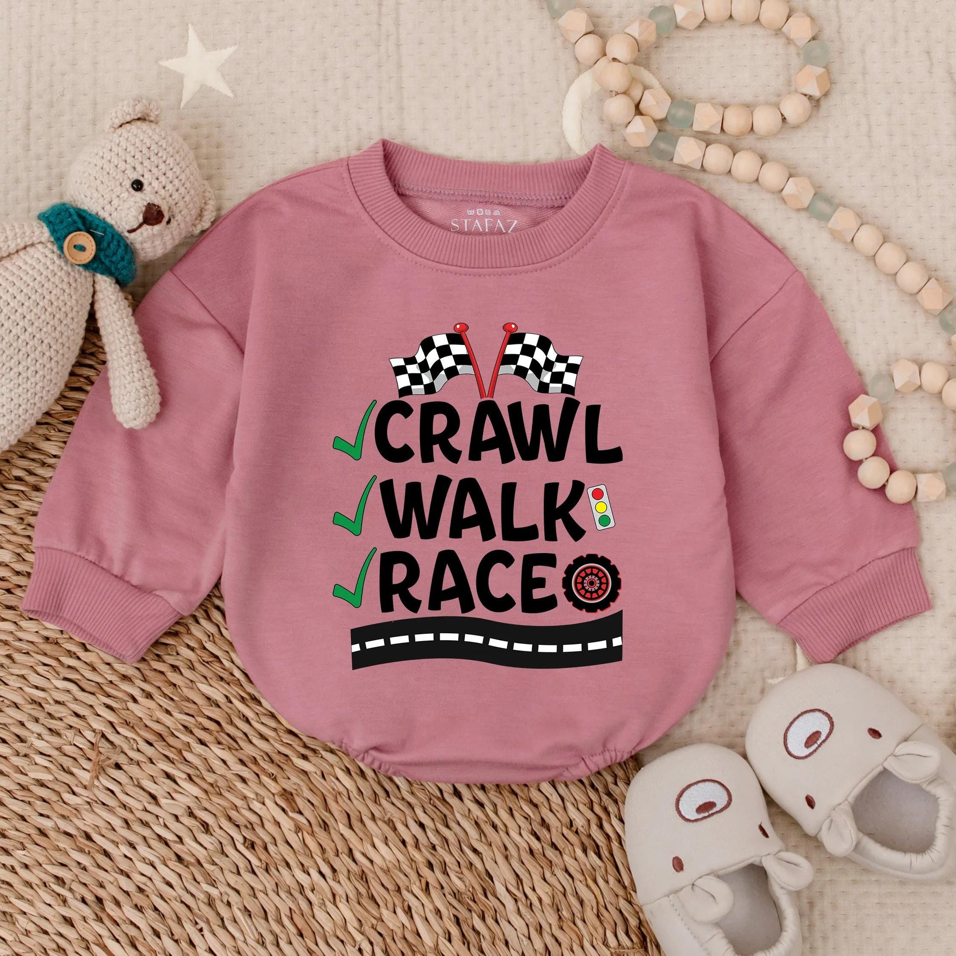 Crawl Walk Race Baby Bubble Bodysuit Funny Race Car Romper Baby Boy Racing Outfit Newborn Race Theme Clothes Fan Shower Gift