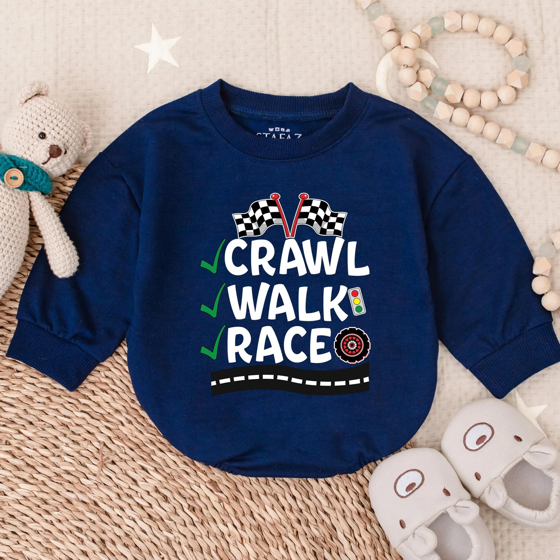 Crawl Walk Race Baby Bubble Bodysuit Funny Race Car Romper Baby Boy Racing Outfit Newborn Race Theme Clothes Fan Shower Gift