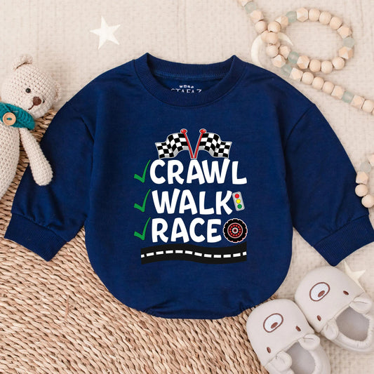 Crawl Walk Race Baby Bubble Bodysuit Funny Race Car Romper Baby Boy Racing Outfit Newborn Race Theme Clothes Fan Shower Gift