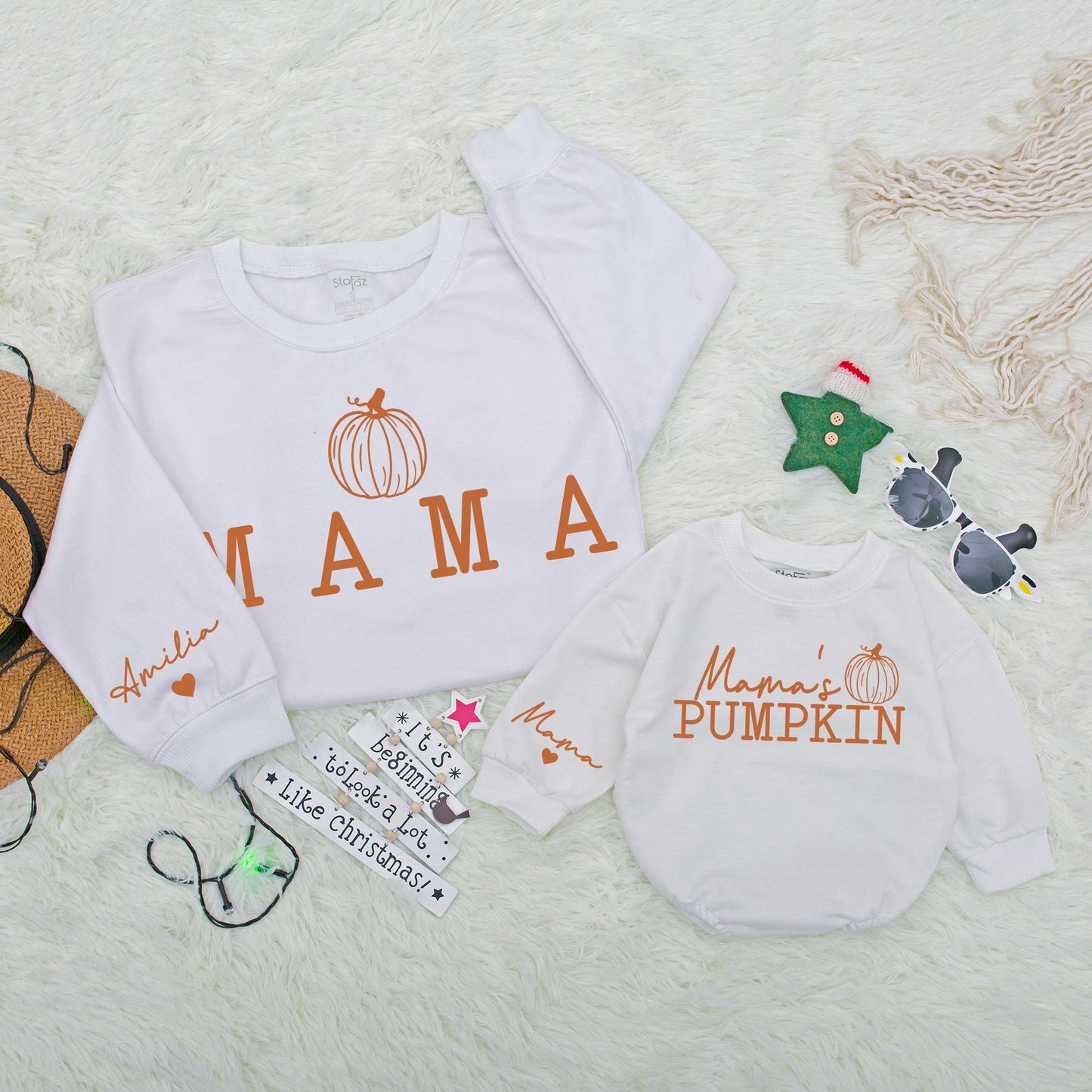 Personalized Mommy and Me Cozy Mama's Pumpkin Sweatshirt Romper Set Fall Matching Outfit First Halloween Thanksgiving Newborn Gift