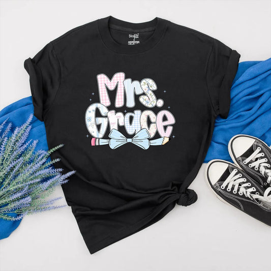 Personalized Teacher Shirt with Pencil Bow Design, Cute Back to School Outfit, First Day of School Clothes, Custom Gift for Teacher