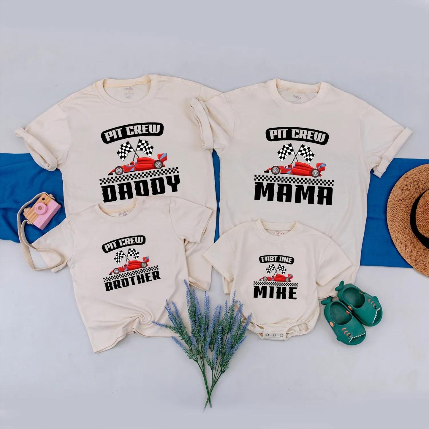 Custom Pit Crew Family Matching Race Day Shirts for 1st Birthday Party, Fast One Baby Boy Outfit and Race Car Theme Celebration Gift
