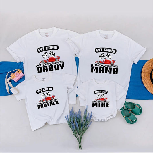 Custom Pit Crew Family Matching Race Day Shirts for 1st Birthday Party, Fast One Baby Boy Outfit and Race Car Theme Celebration Gift