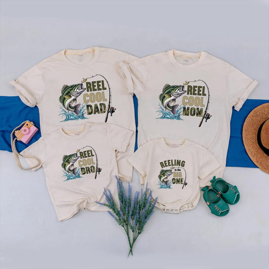 Personalized Reel Cool Family Matching Fishing Shirts Reeling in the Big One Outdoor Birthday Party Outfit for Baby Boy Fishermen