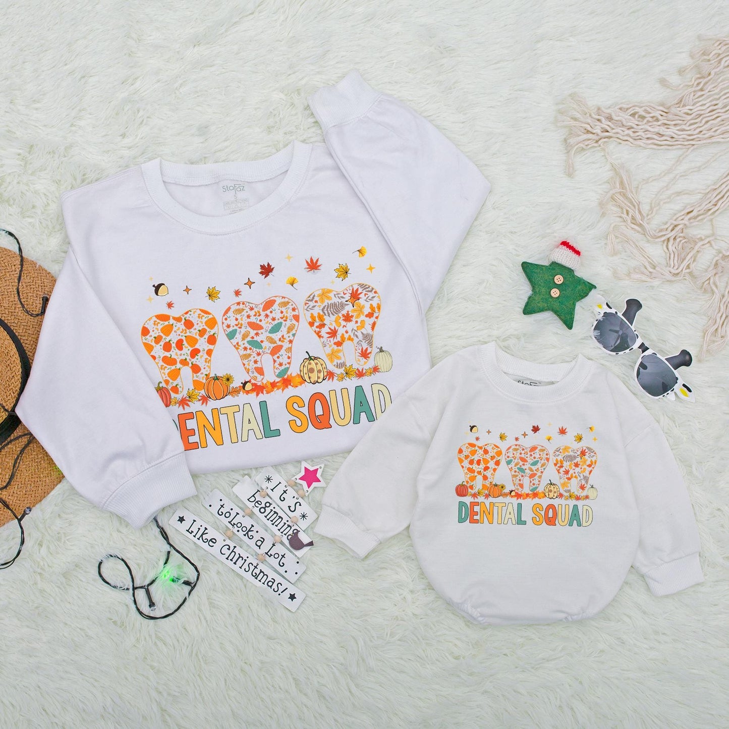 Dental Squad Fall Baby Romper Happy Thanksgiving Dentist Family Matching Autumn Leaves Brush Them All