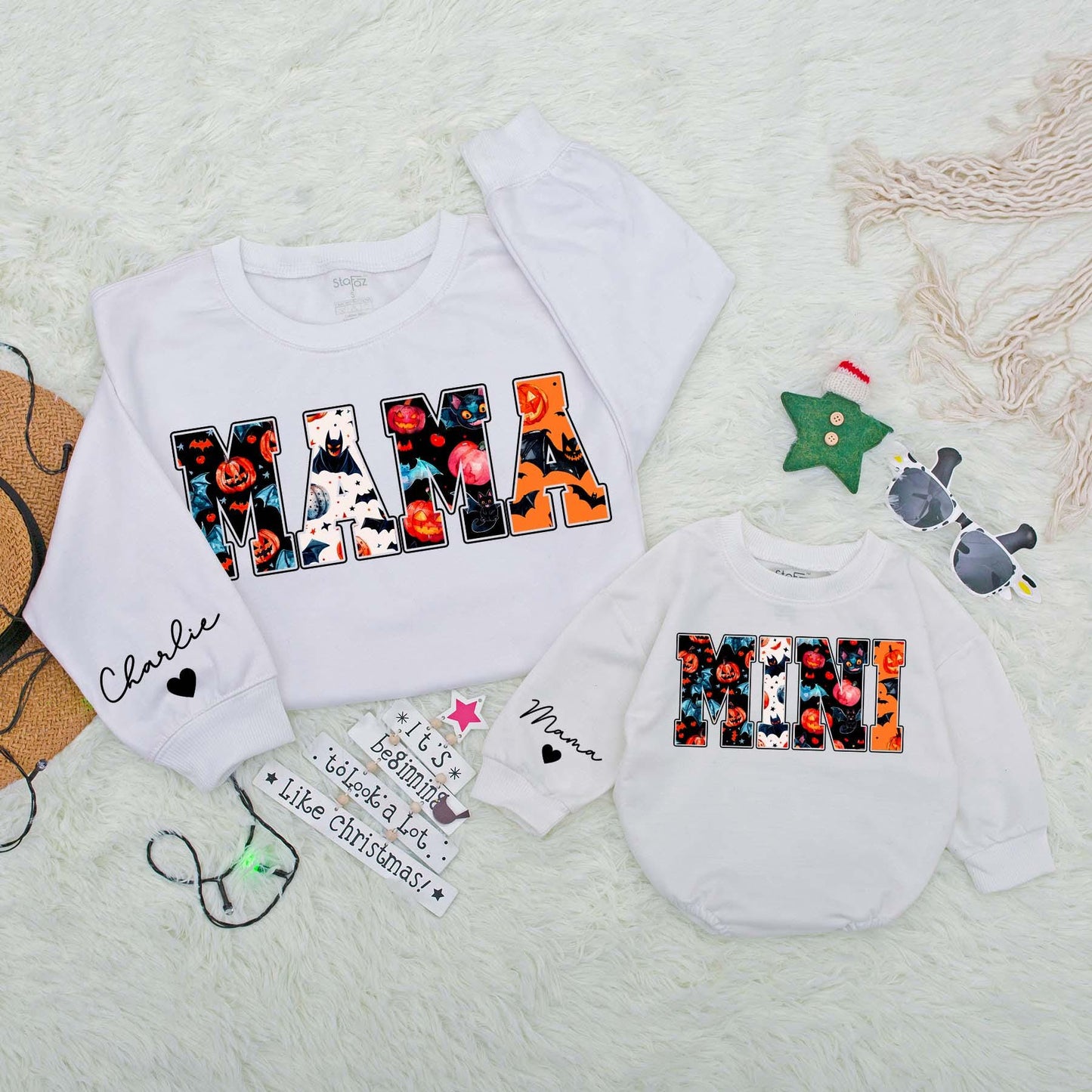 Personalized Mama Mini Halloween Sweatshirts Matching Family Spooky Season Thanksgiving Fall Comfortable Sweater Baby Bodysuit Outfit