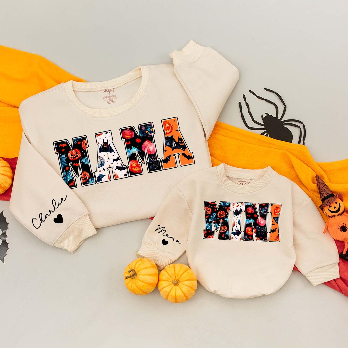 Personalized Mama Mini Halloween Sweatshirts Matching Family Spooky Season Thanksgiving Fall Comfortable Sweater Baby Bodysuit Outfit