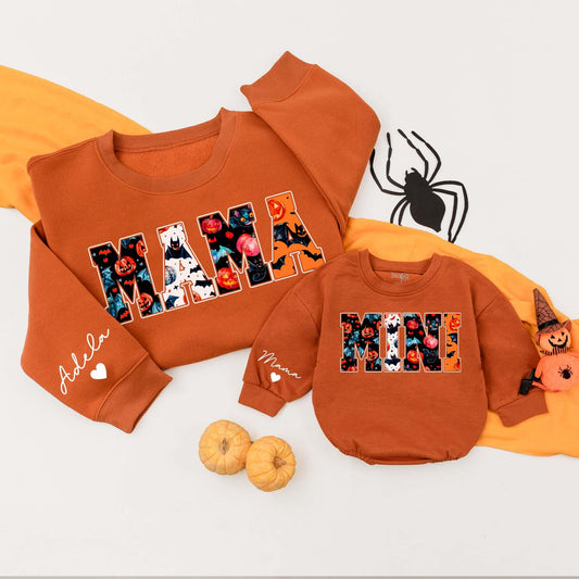 Personalized Mama Mini Halloween Sweatshirts Matching Family Spooky Season Thanksgiving Fall Comfortable Sweater Baby Bodysuit Outfit