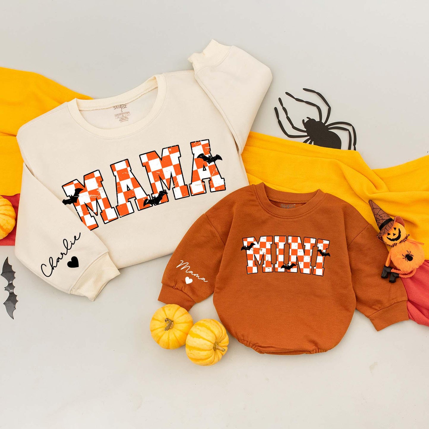 Personalized Mama Mini Sweatshirts Varsity Checkered Halloween Mommy and Me Baby Bodysuit Spooky Fall Outfits