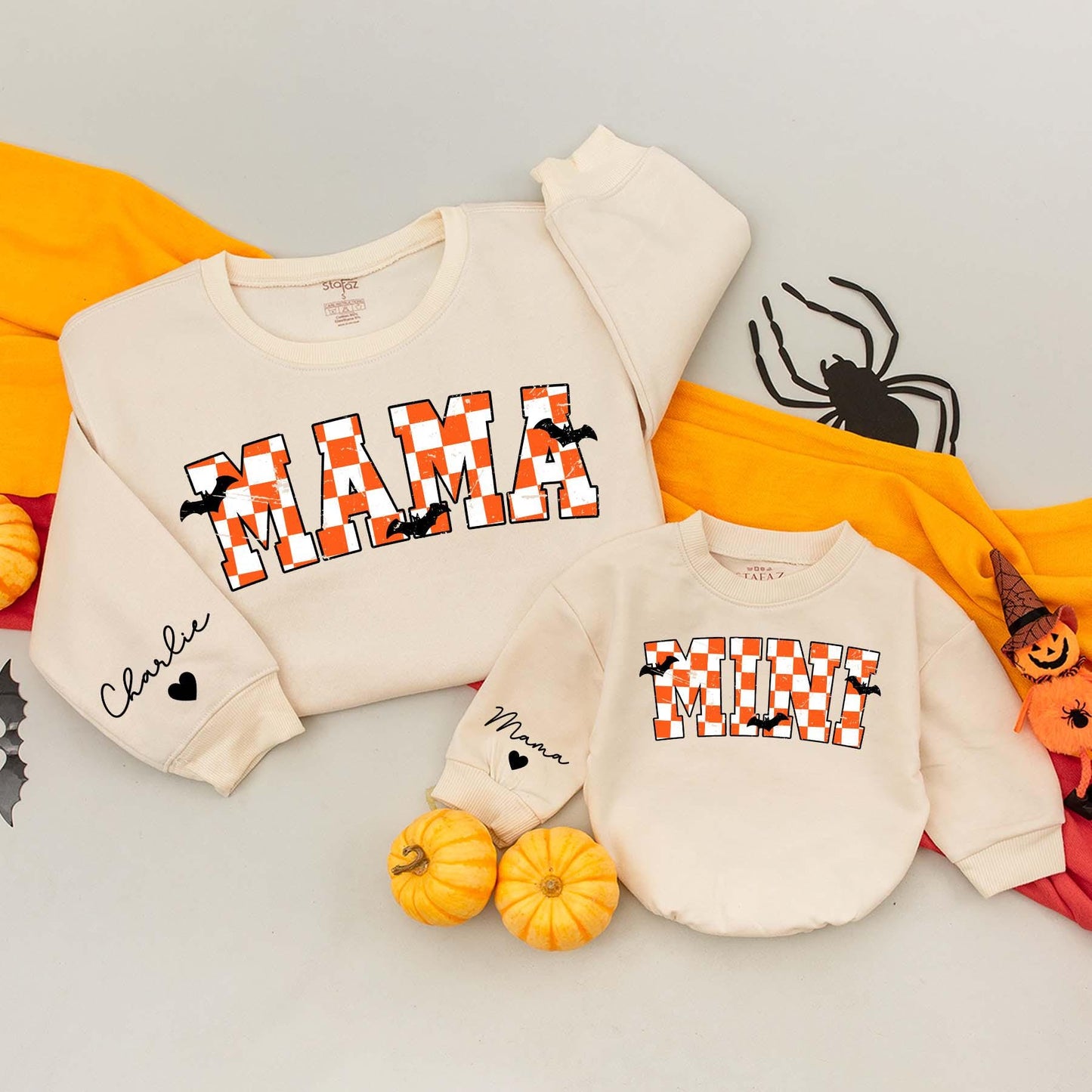Personalized Mama Mini Sweatshirts Varsity Checkered Halloween Mommy and Me Baby Bodysuit Spooky Fall Outfits