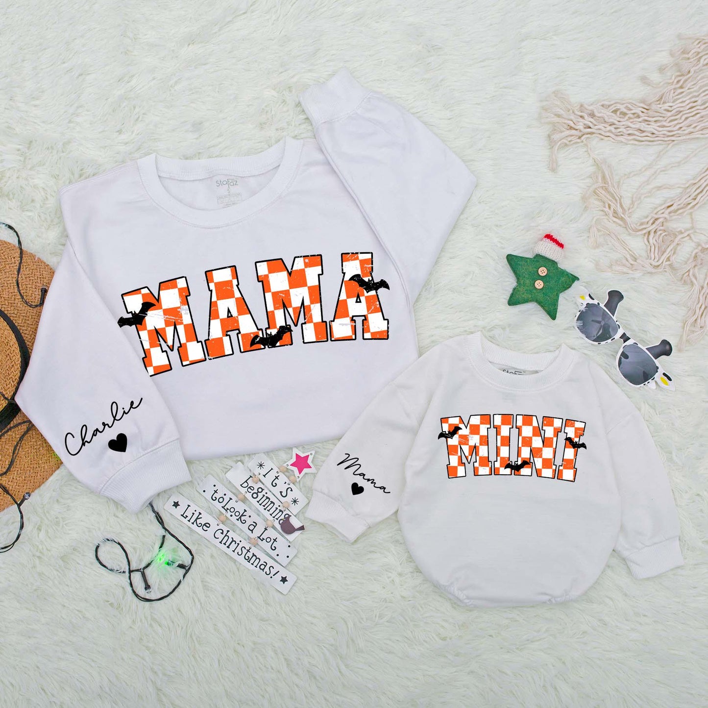 Personalized Mama Mini Sweatshirts Varsity Checkered Halloween Mommy and Me Baby Bodysuit Spooky Fall Outfits