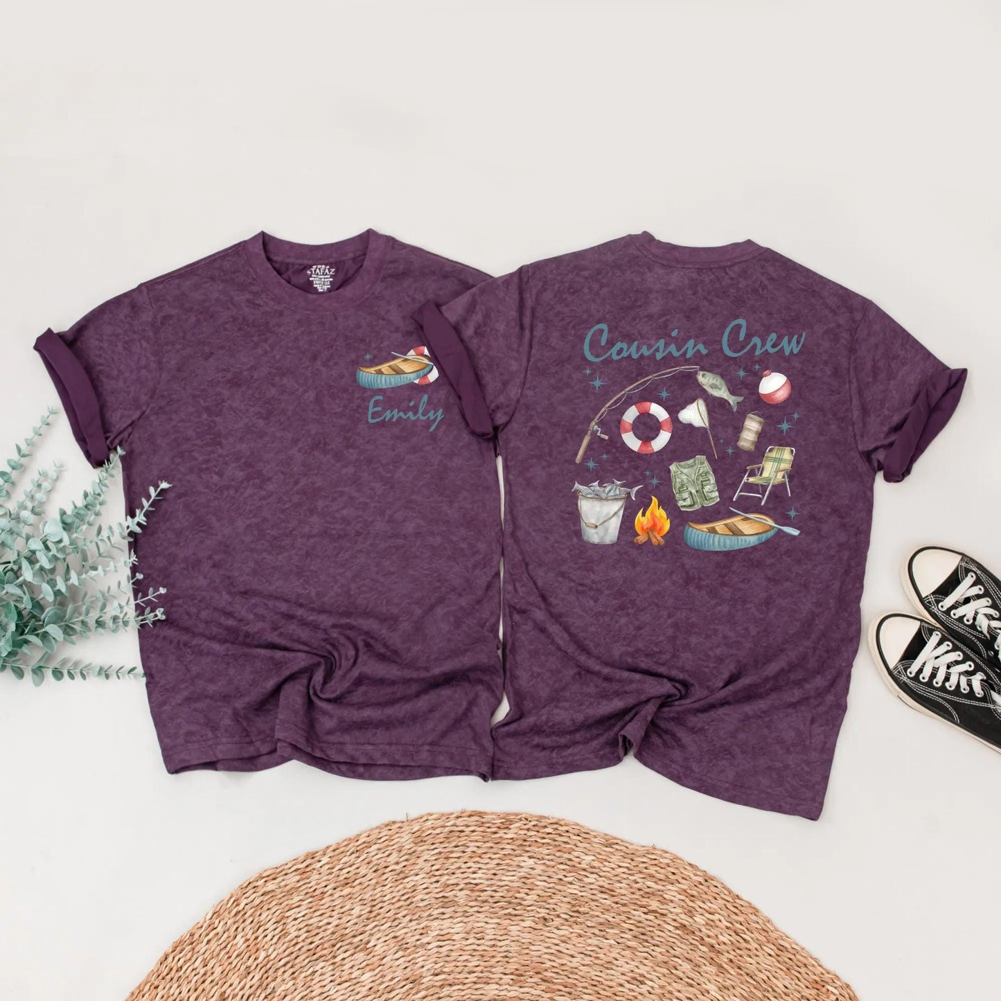 Custom Cousin Crew Matching Shirts for Lake Fishing & Camping Trip with Whimsical Hand-Drawn Watercolor Design, Family Outdoor Adventure Apparel Gift