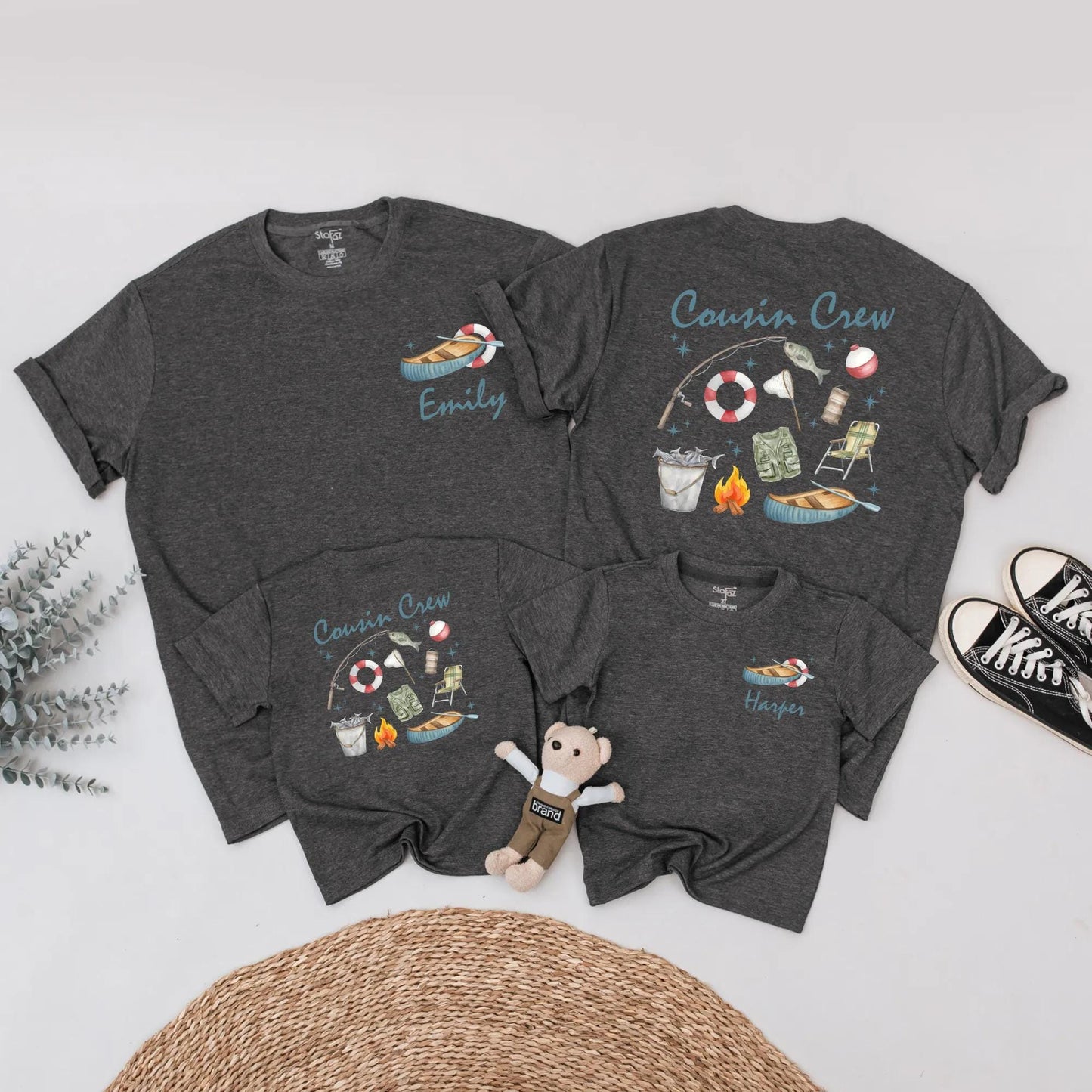 Custom Cousin Crew Matching Shirts for Lake Fishing & Camping Trip with Whimsical Hand-Drawn Watercolor Design, Family Outdoor Adventure Apparel Gift