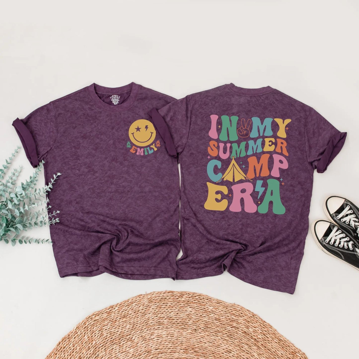 Personalized Summer Camp Era Family Matching Shirts Retro Vacation Outfits Custom Name Tee Lightning Bolt & Tent Design Comfy Group Trip Clothes