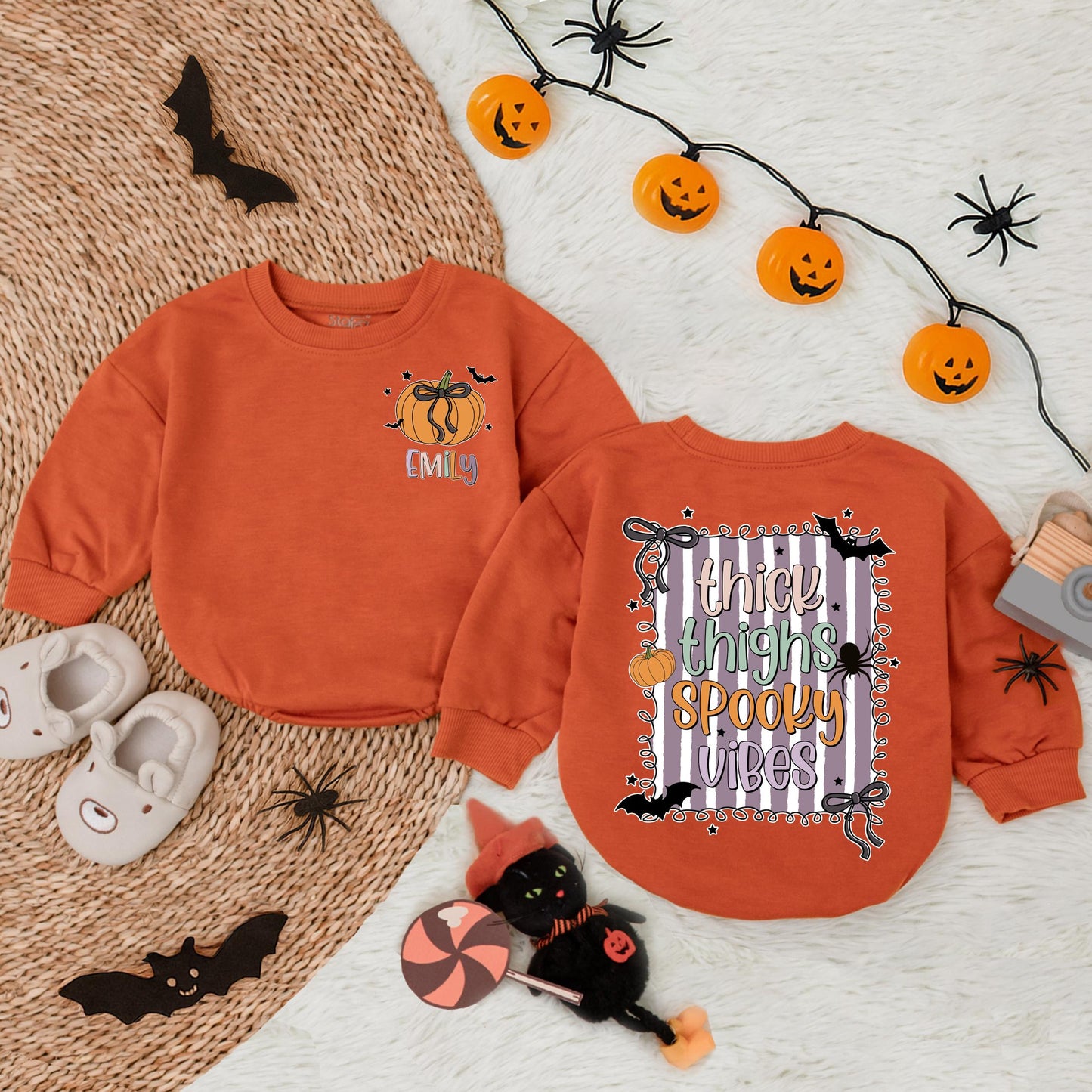 Custom Thick Thighs Spooky Vibes Baby Bubble Romper Infant Fall Clothes Halloween Gift for Baby Girl Toddler Outfit