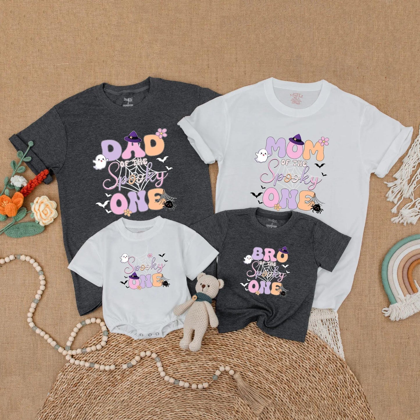 Cute Pastel Halloween Spooky One Matching Family Shirts Mom Dad Brother Ghost Bat Floral Design Festive Birthday Outfit