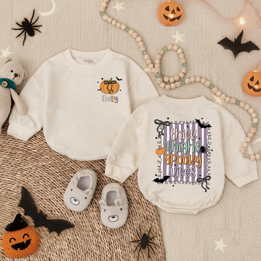 Spooky Vibes Halloween Bubble Romper for Baby Girl, First Halloween Outfit, Custom Name Infant Fall Bodysuit, Spooky Cute Toddler Romper