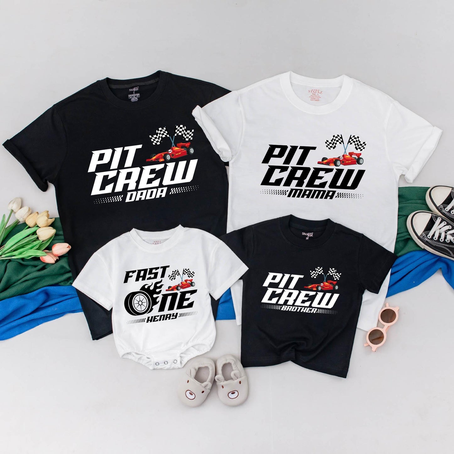 Personalized Pit Crew Racing Family Matching T-Shirt Fast One Birthday Romper for Boys Mommy and Me Tees