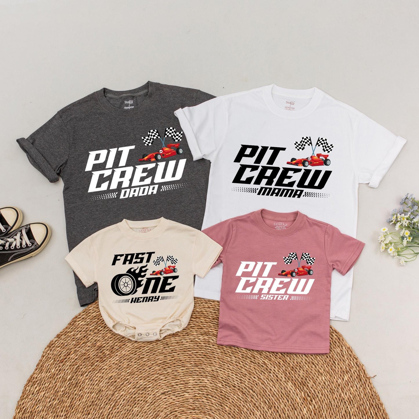 Personalized Pit Crew Racing Family Matching T-Shirt Fast One Birthday Romper for Boys Mommy and Me Tees