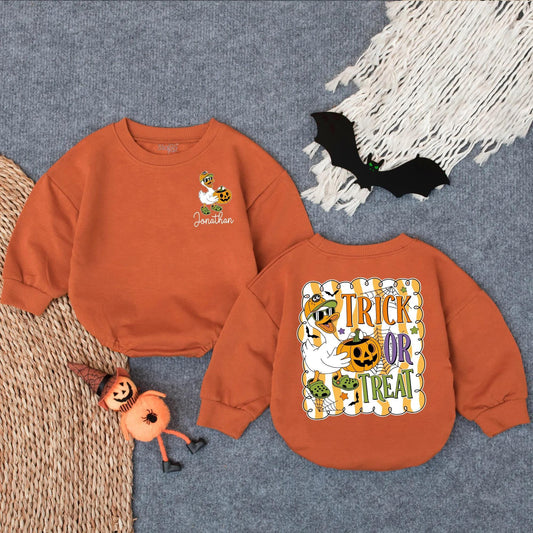 Custom Halloween Goose Trick or Treat Boy Bubble Romper Spooky Fall Baby Outfit First Halloween Gift Toddler Costume