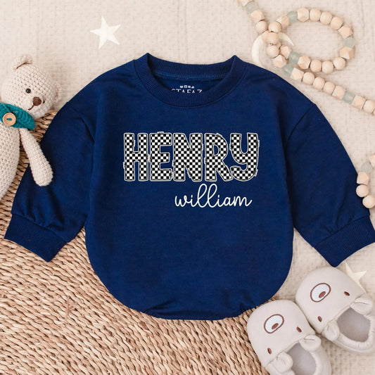 Oversized Checkered Bubble Romper Personalized with First and Middle Name Unique Baby Girl Custom Infant Jumpsuit Toddler Gift