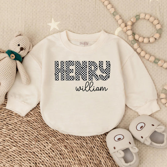 Oversized Checkered Bubble Romper Personalized with First and Middle Name Unique Baby Girl Custom Infant Jumpsuit Toddler Gift