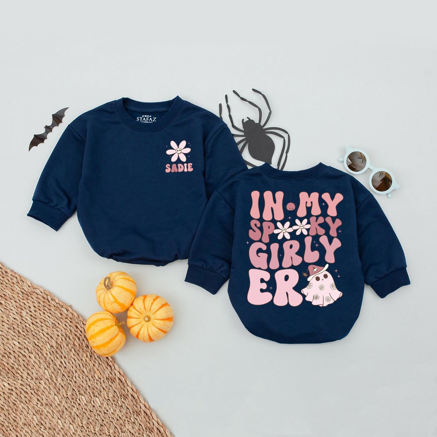 Personalized Spooky Girly Era Romper, Custom Halloween Name Babysuit with Ghost & Flowers, Fun Trick or Treat Outfit for Baby Girl, Witch Toddler Shirt 139 Chars