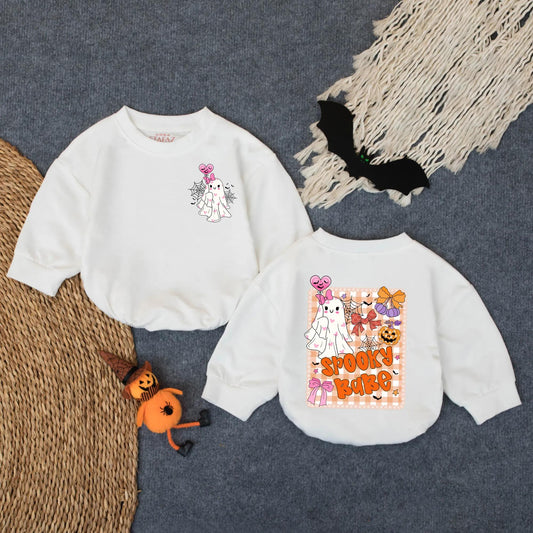 Halloween Ghost Bubble Romper Spooky Babe Baby Girl Outfit Boho Pumpkin Bow Floral Newborn Bodysuit Retro Spooky Season Clothes for Girls