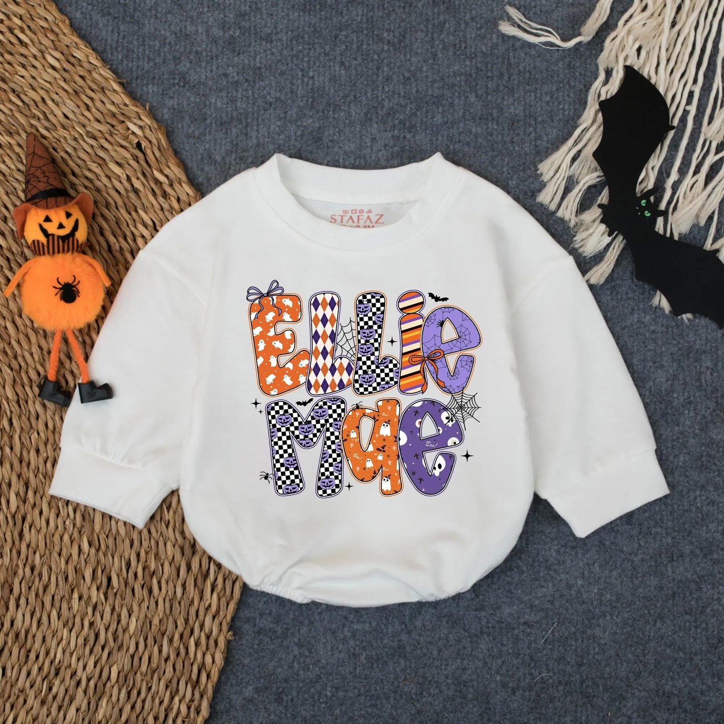 Ellie Mae Halloween Romper Baby Girl Outfit Ghost Pumpkins Bats Spiderwebs Spooky Season Retro Newborn Bodysuit