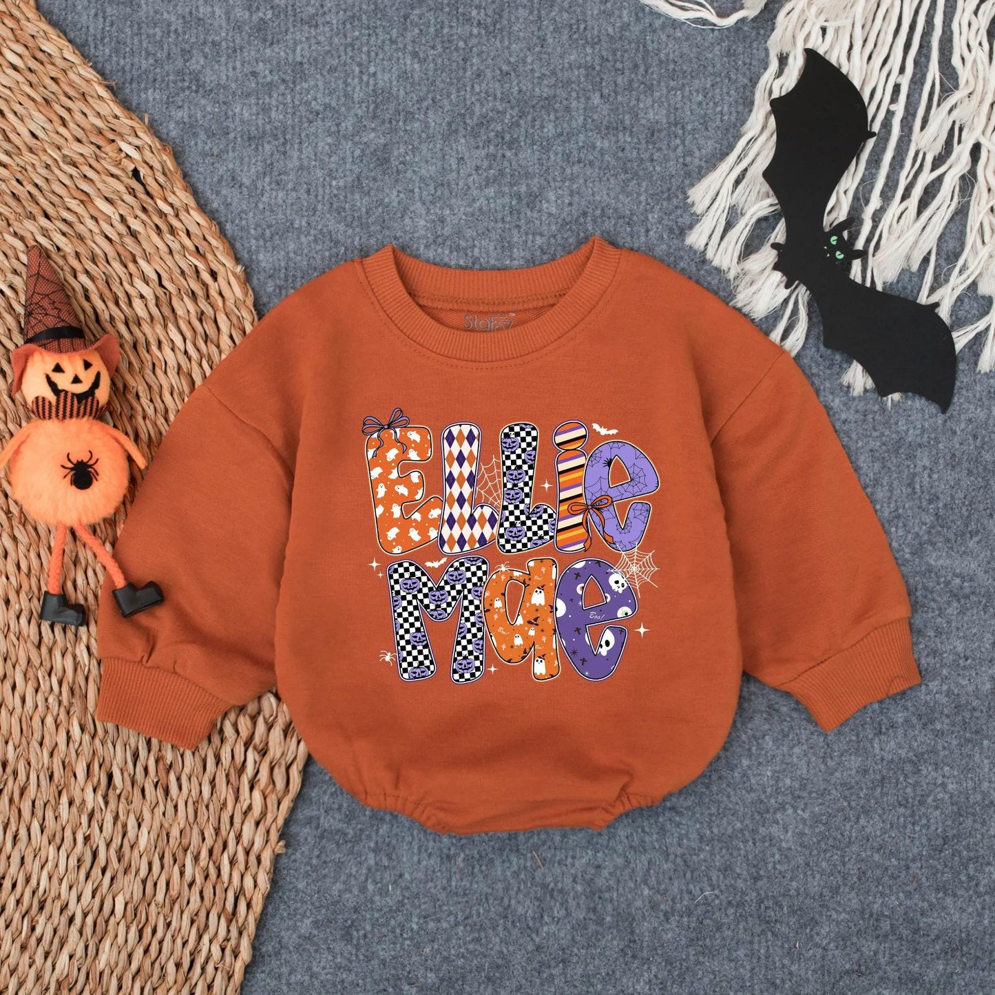 Ellie Mae Halloween Romper Baby Girl Outfit Ghost Pumpkins Bats Spiderwebs Spooky Season Retro Newborn Bodysuit